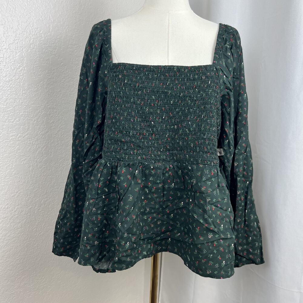 Old Navy Top Womens XXL Green Micro Floral Smocked Cottagecore Prairie Boho‎